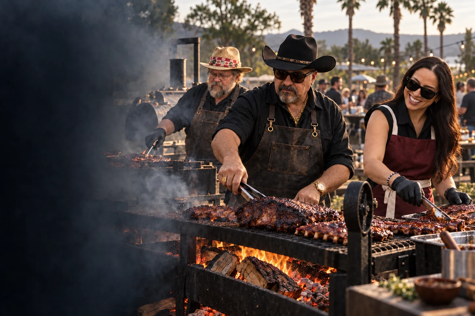 Illustrated cookout scene with Orlando, Rick, and Alexandra tending wood-fired BBQ pits
